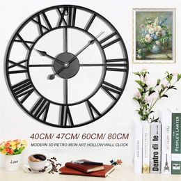 Wall Clocks 40 47 60 80cm Modern 3D Large Retro Black Iron Round Art Hollow Metal Clock Nordic Roman Numerals Home Decoration1285u
