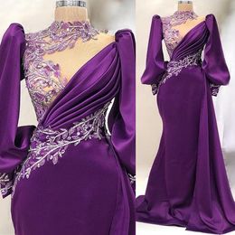 2023 April Aso Ebi Purple Mermaid Prom Dress Lace Crystals Satin Evening Formal Party Second Reception Birthday Engagement Gowns Dresses Robe De Soiree ZJ596