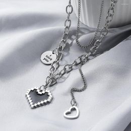 Pendant Necklaces 2023 Harajaku Fashion Women Double Link Chain Metal Black Heart Grunge Necklace Party Jewellery Gift