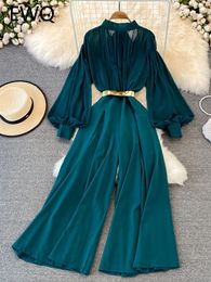 Women's Jumpsuits Rompers EWQ Sweet Style Women Jumpsuits Pleated Stand Collar Lantern Sleeve Solid Color Wide Leg Jumpsuit Spring Summer SN0533 230422