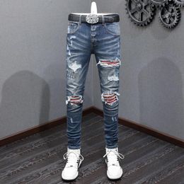 Men's Jeans Fashion Streetwear Men High Quality Retro Blue Stretch Skinny Ripped Red Patched Designer Hip Hop Brand Pants