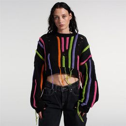 Womens Sweaters Street Tassel Knitting Cotton Sweater for Women Colorful Design Striped Fringe Pullover Loose Oversize Blouse Y2k Winter