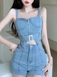 Women's Tracksuits Denim Two Piece Sets Womens Outifits 2023 Summer Solid Zipper With Belt Sleeveless Crop Tops High Waisted Slim Shorts