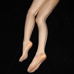 1D Ultra Thin Transparent Stockings Oil Shiny Cuban Heel Back Seam Pantyhose Women Sexy Open Crotch Tights Party Hosiery