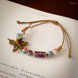 Charm Bracelets Retro Distressed Butterfly Ceramic Round Beads Braided Rope Bracelet Ethnic Style Fashion Ornament Female