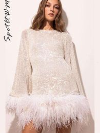 Fashion Sequins Feather Hem Mini Dress Women Sexy O Neck Long Sleeve Short Dresses Elegant Female Evening Party Vestidos