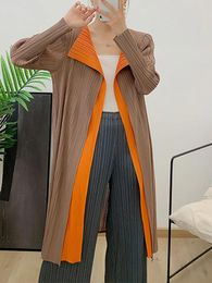 Women's Trench Coats Miyake Double Layer Colour Block Pleated Coat Women Long Sleeve Lapel Medium Cardigan Elegant Windbreaker Lady