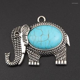 Charms 4pcs Silver Color 48x38mm Retro Ethnic Elephant Blue Turquoises Animal Pendant Finding Necklaces Choke Jewelry