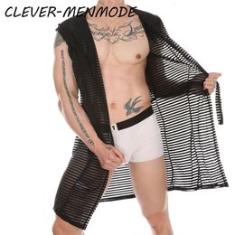 Mens Sexy Ultra-thin See-through Men Nightgown Skirt Cardigan Striped Bathrobe Sleeveless Hooded Transparent Nightdress