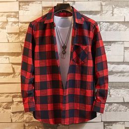 Men's Casual Shirts Brushed Polyester Cotton Plaid Long Sleeve Shirt Flannel