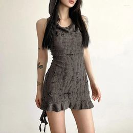 Casual Dresses Goth Dark Frayed Fairy Grunge Y2k Hooded Vintage Gothic Ruffles Women Sexy Mini Dress Punk Partywear Sleeveless Outfits