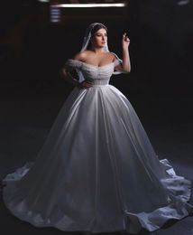 Stylish Ball Gown Wedding Dresses Bateau Sleeveless Off Shoulder Sequins Appliques Beaded Floor Length Ruffles 3D Lace Satin Bridal Gowns Plus Size Vestido de novia