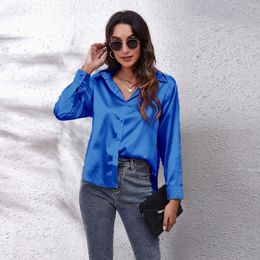 Women's Blouses Elegant Satin Imitation Silk Long Sleeved Shirt Autumn/Winter Office Lady Solid Polo Button Blouse Women Top S-XXL