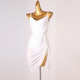 Stage Wear White Diamond Latin Dance Competition Open Back Rumba Cha Performance Dress Line