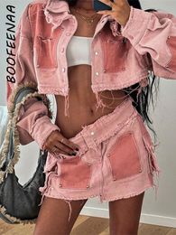 Basic Casual Dresses BOOFEENAA Pink 2 Piece Skirt Set Colorblock Denim Jacket Mini Baddie Clothes Y2k Streetwear Jean Outfit Fall 2023 C87ACB89 231122