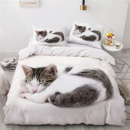 3D Bedding Sets White Duvet Quilt Cover Set Comforter Bed Linen Pillowcase King Queen 140 210cm Size Dogs Pet Dog Cat Design 21031268I