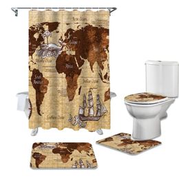 Shower Curtains Vintage Nautical Map Curtain Set For Bathroom Bath Mat Rug Carpet Toilet Lid Cover Bathtub Home Decor Gift