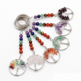 Keychains & Lanyards 7 Chakra Beads Chain Fluorite Key Rings Lapis Amethyst 30Mm Chip Stone Tree Of Life Pendant Keychain Gift Natural Dhogy