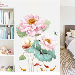 Wall Stickers 3D Pink Lotus Teen Room Decor Bedroom Living Decoration Art DIY Mural Chinese Style Flowers Wallstickers235H