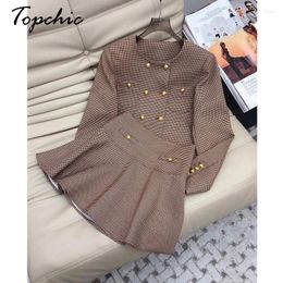 Work Dresses Designer Clothes Women Luxury Vintage O-neck Double Breasted Tweed Jacket Skirt Sets 2023 Conjuntos Para Mujeres 2 Piezas