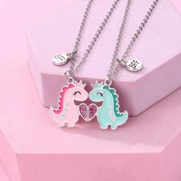 Pendant Necklaces Lovecryst 2Pcs/set Friendship Gold Plated Alloy Chain Cute Dinosaur Heart Necklace For Girls BFF Jewellery Gift