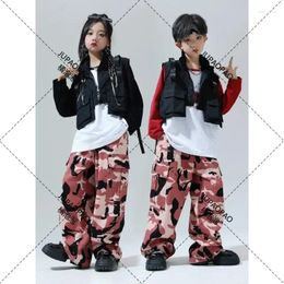 Stage Wear Ballroom Hip Hop Dance Clothes Kids Sweater Black Vest Pink Camouflage Pants Teen Boys Street Outfit Girls Jazz Suit