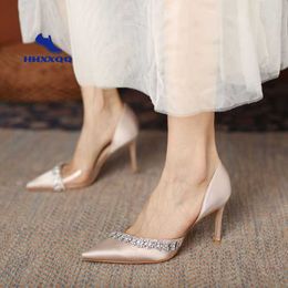 Dress Shoes Pointed Rhinestone Transparent High Heels Women Sandals 2022 New Satin Stiletto High Heels Wedding Shoes Bride