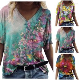 Women's T Shirts Loose T-shirts Women Jumpers Short Sleeve V-neck Tops Woman Pullovers Female Summer Flowers Fashion Sexy Cloth Undershit