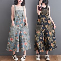 Women's Jumpsuits Rompers Summer Stitch Floral Jumpsuits Women Wide Leg Pants Suspenders Strap Pockets Denim Overalls Rompers Washed Jeans Playsuits 230422