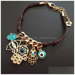 Charm Bracelets Evil Eye Bracelet Fatima Palm Braided Charm Bracelets For Women Girls Ladies Fashion Brown Color Wax Rope Metal Alloy Dhuv4