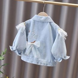 Jackets Spring Fall Fashion Girls Denim Jacket Falbala Full Sleeve Cartoon Cat Embroidery Casual Toddler Girl Lace Bow Jean Tops Outwear 231122