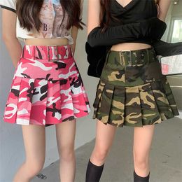Skirts Vintage Camouflage Print Summer Pleated Skirts Women with Belt Summer Mini Skirt Slim Streetwear Casual Y2K Harajuku Hip Pop P230422