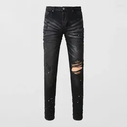 Men's Jeans High Street Fashion Men Retro Black Gray Stretch Skinny Fit Painted Ripped Button Hip Hop Brand Pants Hombre