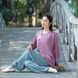 Active Sets Chinese Traditional Women Yoga Tai Chi Martial Arts Set Cotton Linen Loose Shirt Harem Pant Meditation Wushu Casual Fitness