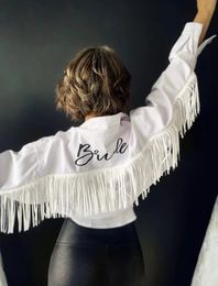 Women's Jackets White Fringe Personalised Denim Jacket Collar Detail Bride Jacket Future Mrs. Bachelorette Party Jacket Cropped Denim Jacket 231121