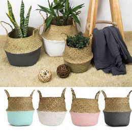 Foldable Storage Basket Creative Natural Seagrass Rattan Straw Wicker Folding Flower Pot Baskets Garden Planter Laundry Supplier Y195P