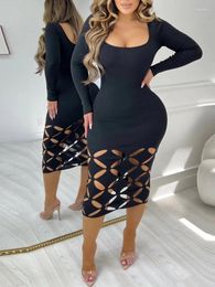 Casual Dresses Sexy Elastic Hip Wrap Dress For Women Hollow Burn-out Tight Long Sleeve Clothes Autumn Fashion Midi