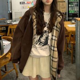 Women's Hoodies Brown Zip Up Hoodie 2023 Autumn Contrast Cheque Lincloth Long Sleeve Casual Sweatshirt Oversized Jacket Women Clothing