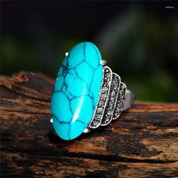 Cluster Rings Vintage Eye Shape Syntetic Turquoises For Women Real Antique Silver Plated 5 Colors Fashion Rhinestone Ring