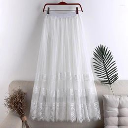 Skirts SURMIITRO Korean Sweet Lace Tulle Long Skirt For Women 2023 Summer Elegant Solid A Line High Waist Pleated Midi Female