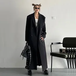 Women's Suits Korean Casual Women Long Suit Jacket Grey Black Spring Autumn Notched Collar Double-breasted Sleeve Female Blazers Overcoat