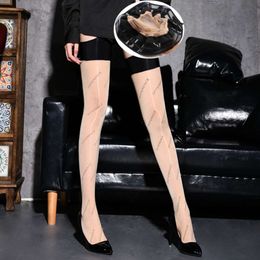 Fashion Letter Print Contrast Colour Rib Cut Edge Thigh High Stockings Silicone Hold Up Oil Shiny Transparent Party Socks