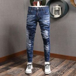 Men's Jeans Street Fashion Men Retro Washed Blue Elastic Stretch Slim Fit Ripped Korean Style Vintage Designer Denim Pants