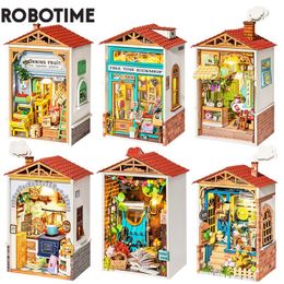 Doll House Accessories Robotime DIY Mini Town Doll House with Furniture Bookshop Children Adult Miniature Dollhouse Wooden Kitchen Kits Toy Gift DS 230422