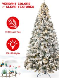 YouMedi 6.5ft Pre-Lit Snow Flocked Artificial Christmas Pine Tree, Artificial Christmas Tree with Warm White Lights for Home, Party Decoration, Metal Hinges & Base