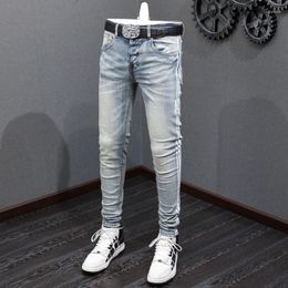 Men's Jeans High Street Fashion Men Retro Blue Elastic Stretch Skinny Ripped Printed Designer Hip Hop Brand Pants