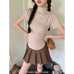 Women's T Shirts Women Solid Colour Inner Half Turtleneck Right Shoulder Puff Short-sleeved Sweater Slimming Bottoming Irregular Top Reduce