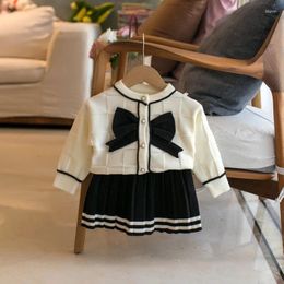 Clothing Sets Korean Autumn Children Girl Sweater Set Recreational Round Neck Bow Kid Knitwear Versatile Academic Baby Striped Skirt