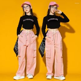 Stage Wear Kpop Jazz Dance Costume Girls Modern Performance Clothes Kids Hip Hop Outfit Black Tops Pink Cargo Pants Fashion BL10096