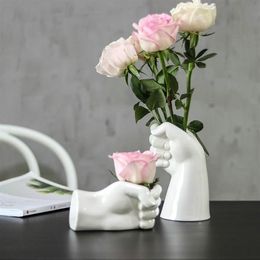 Vases Ceramic Vase Creative Hand Shape Home Living Room Simple Flower Arrangement Ornaments White Potted Flowers203d